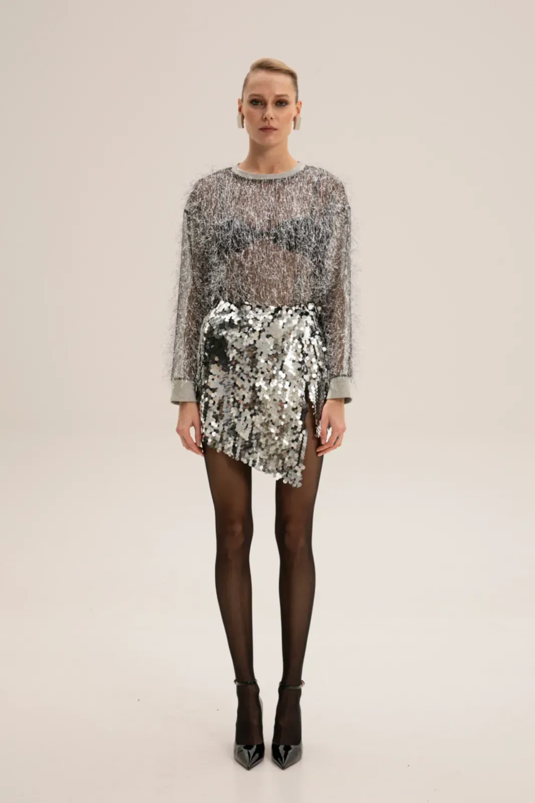 Picture of Silver Oversized Disc Sequin Mini Skirt