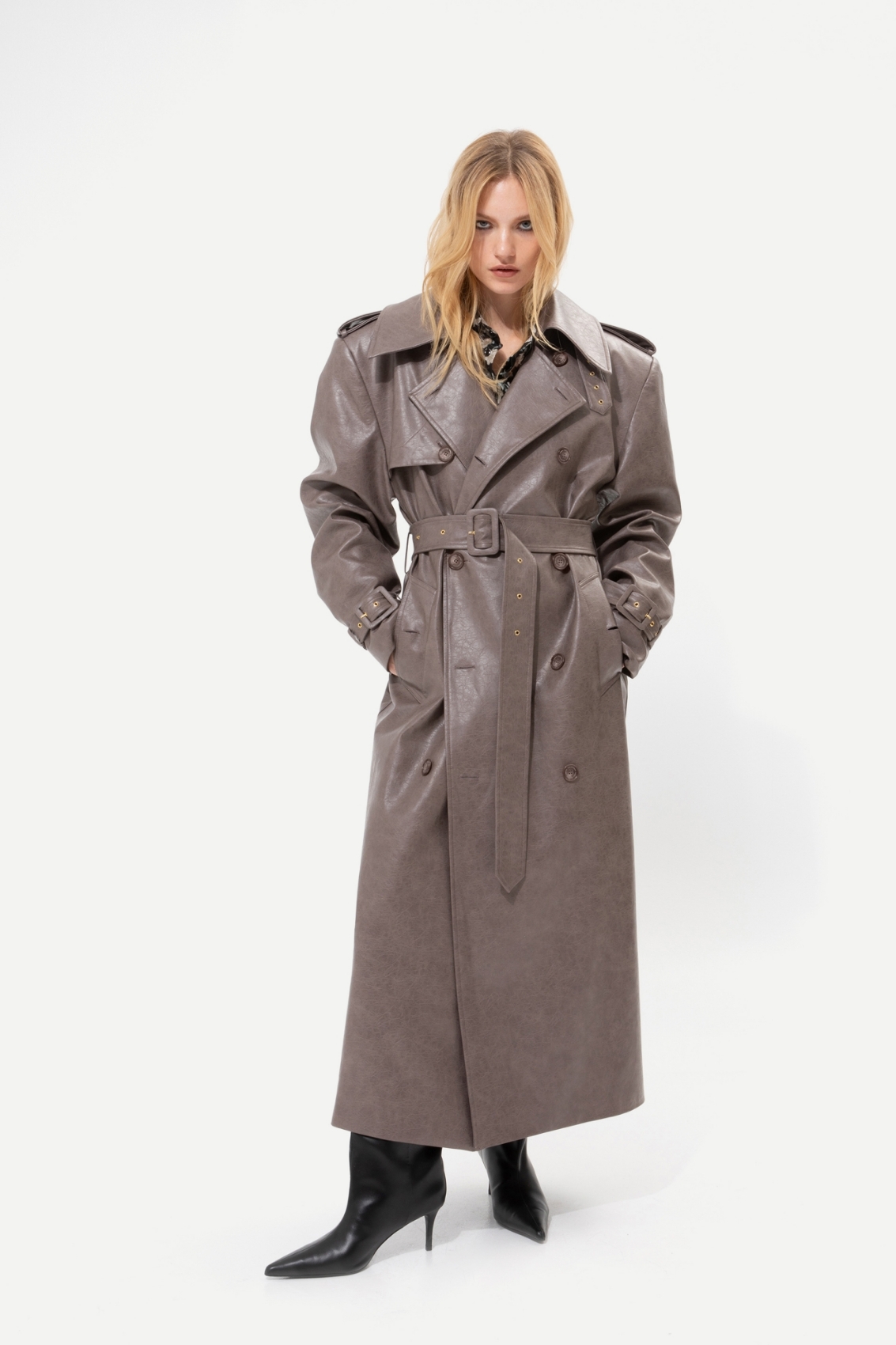 Picture of Grey Faux Leather Trench Coat