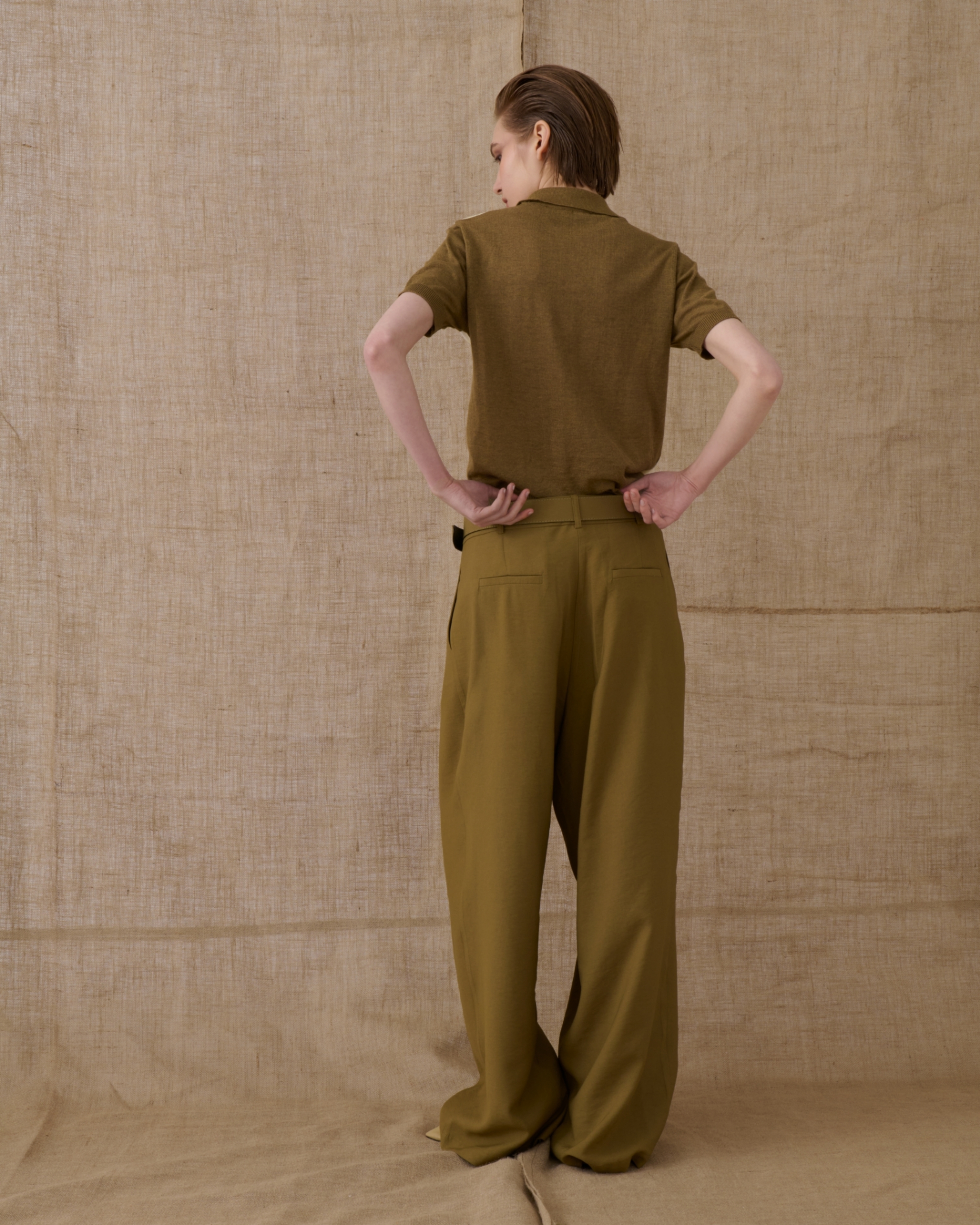 Picture of Olive Polo Knitted T-Shirt with Rhombus Pattern