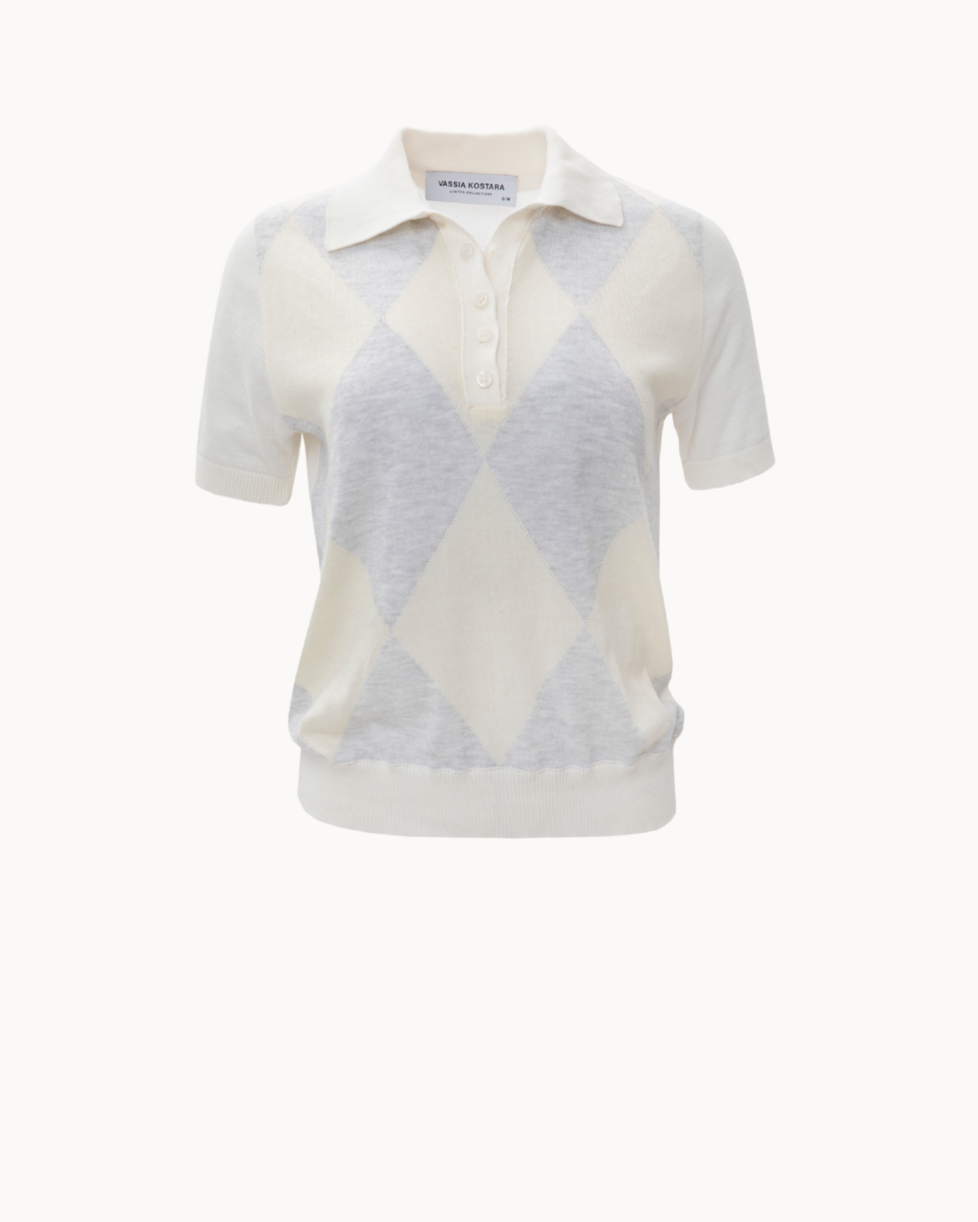 Picture of Ecru Polo Knitted T-Shirt with Rhombus Pattern
