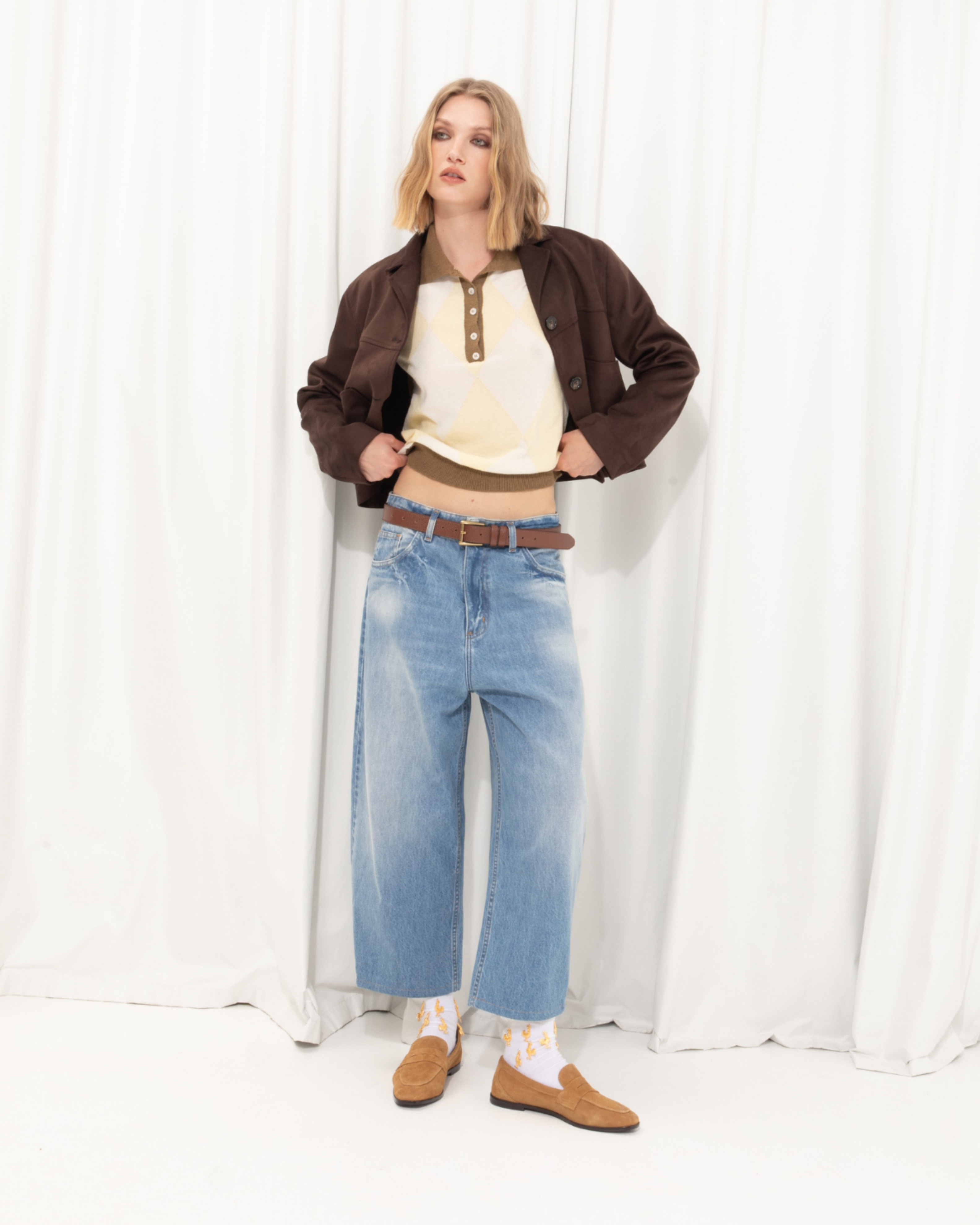 Picture of Olive Polo Knitted T-Shirt with Rhombus Pattern