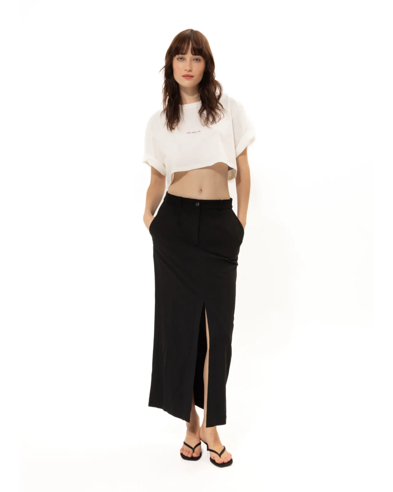 Show details for Black Straight-Line Midi Skirt Picture of Black Straight-Line Midi Skirt