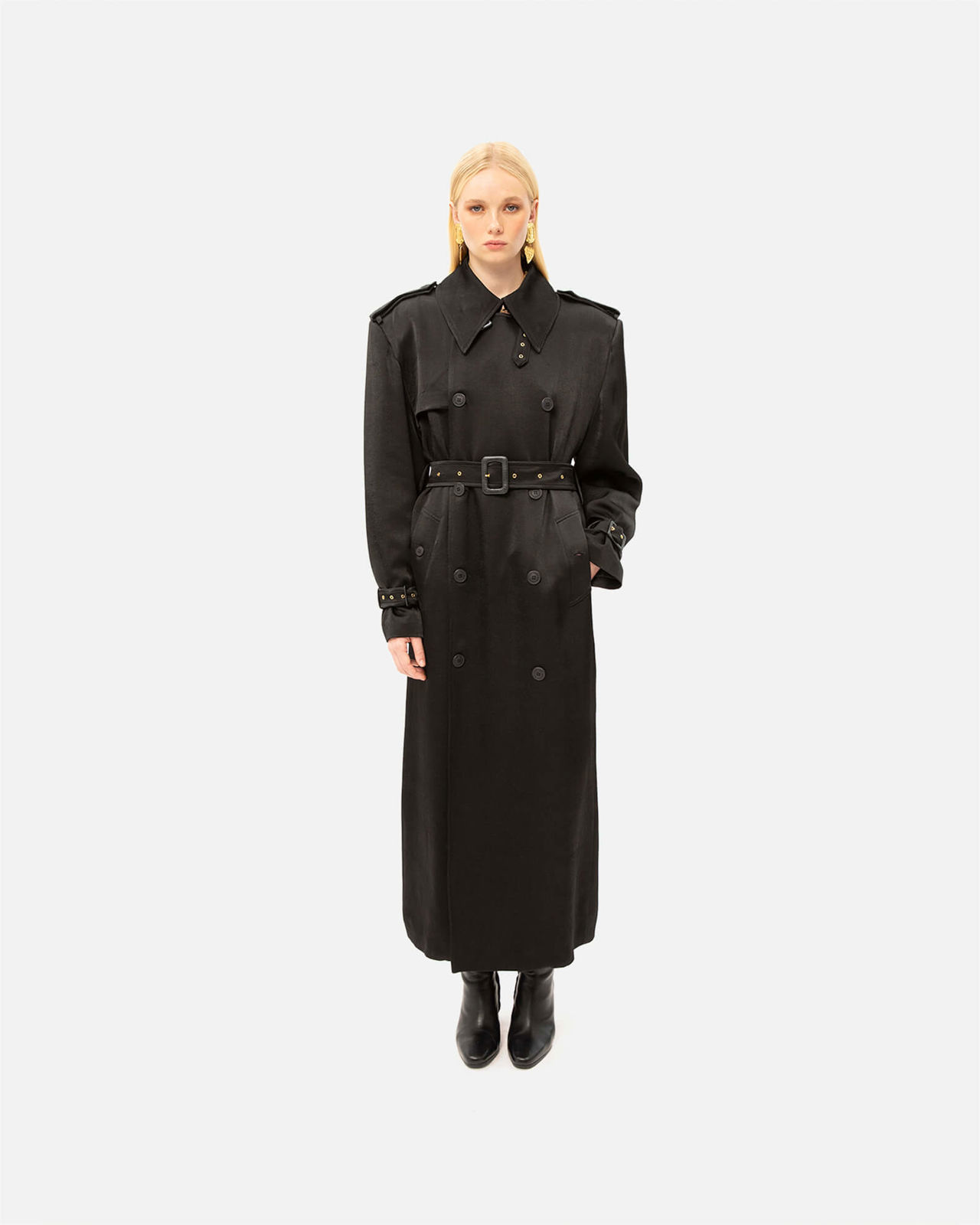 BLACK SATIN TRENCH COAT | Vassia Kostara