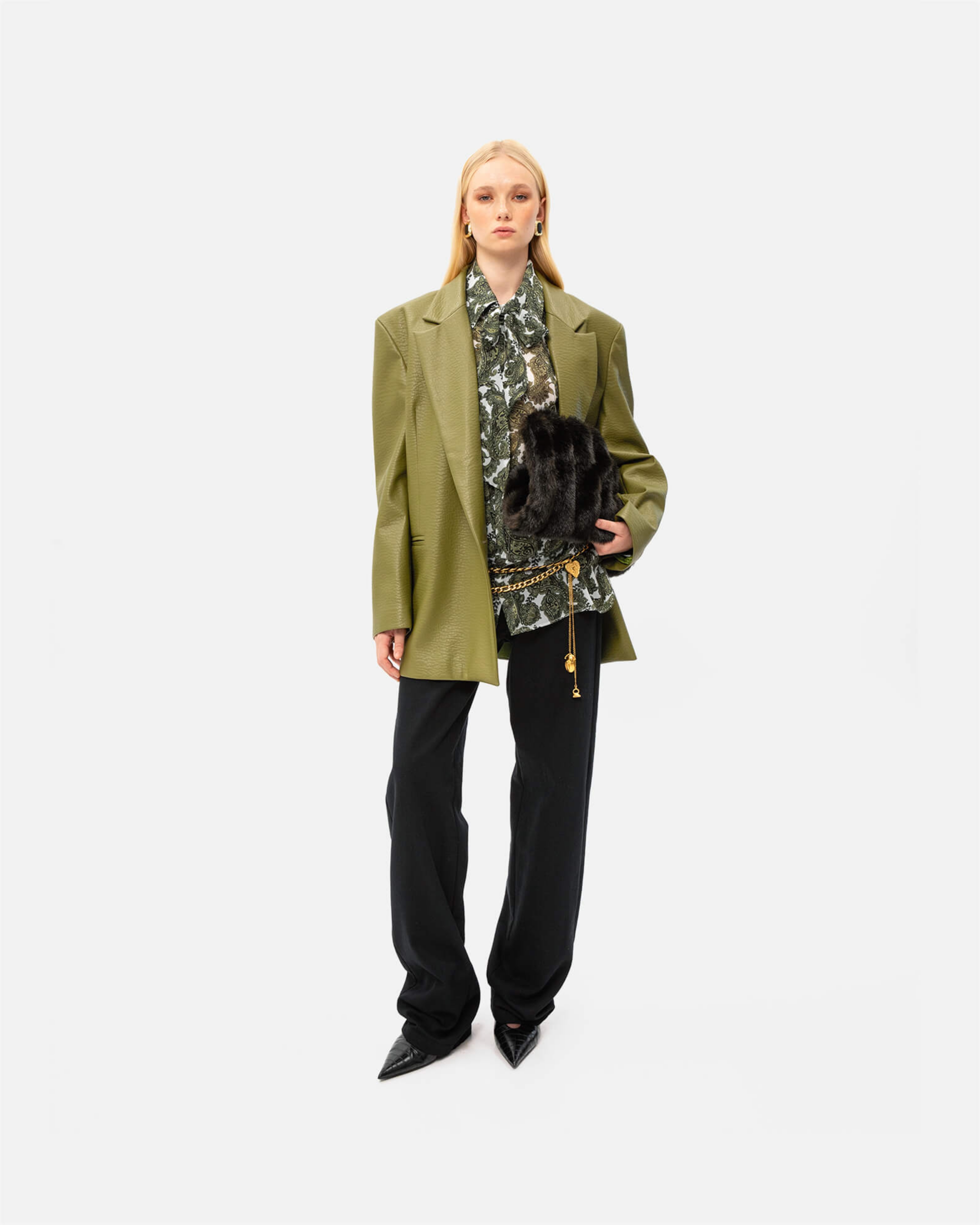 Picture of OLIVE FAUX LEATHER BLAZER