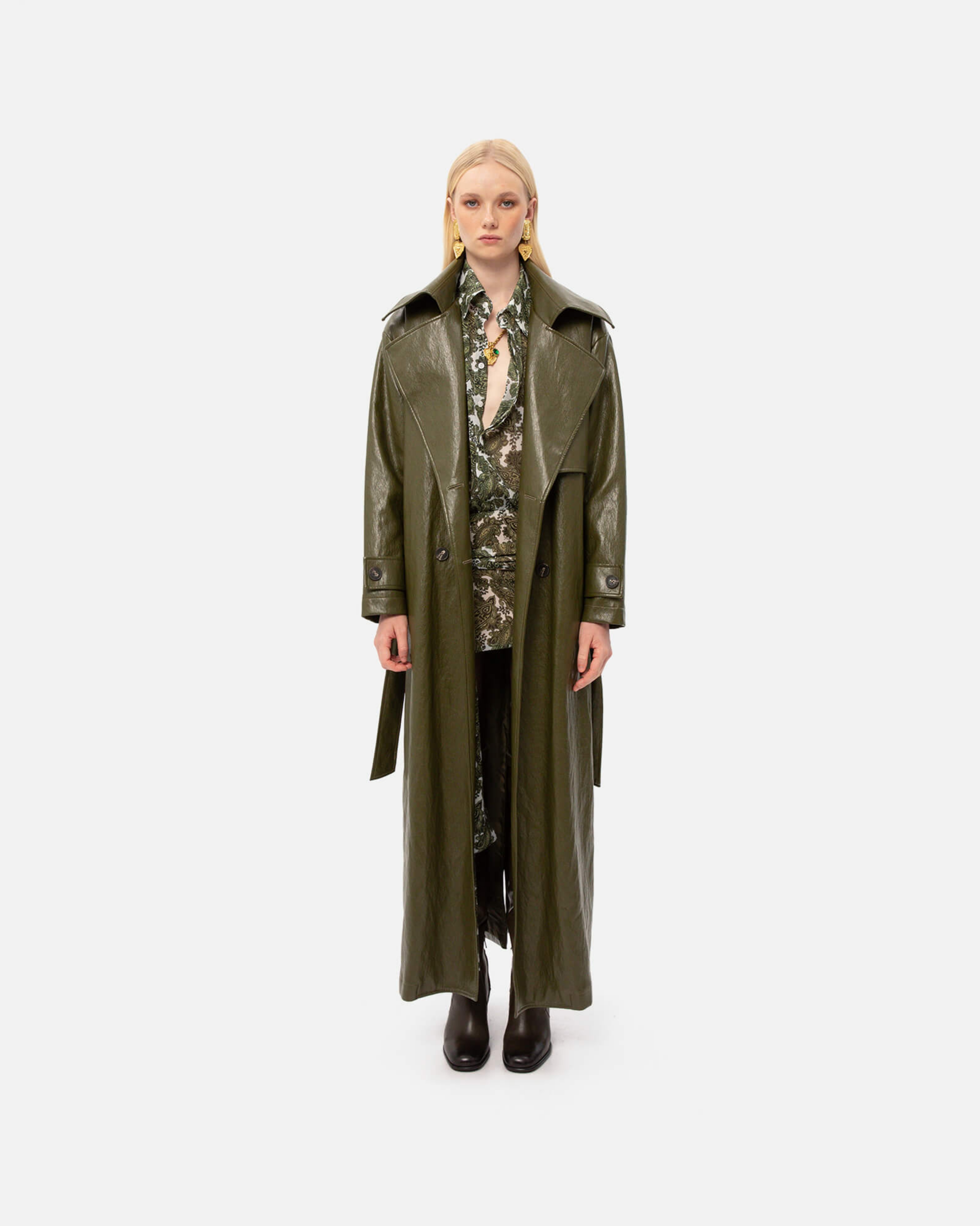 Picture of KHAKI FAUX LEATHER TRENCH COAT