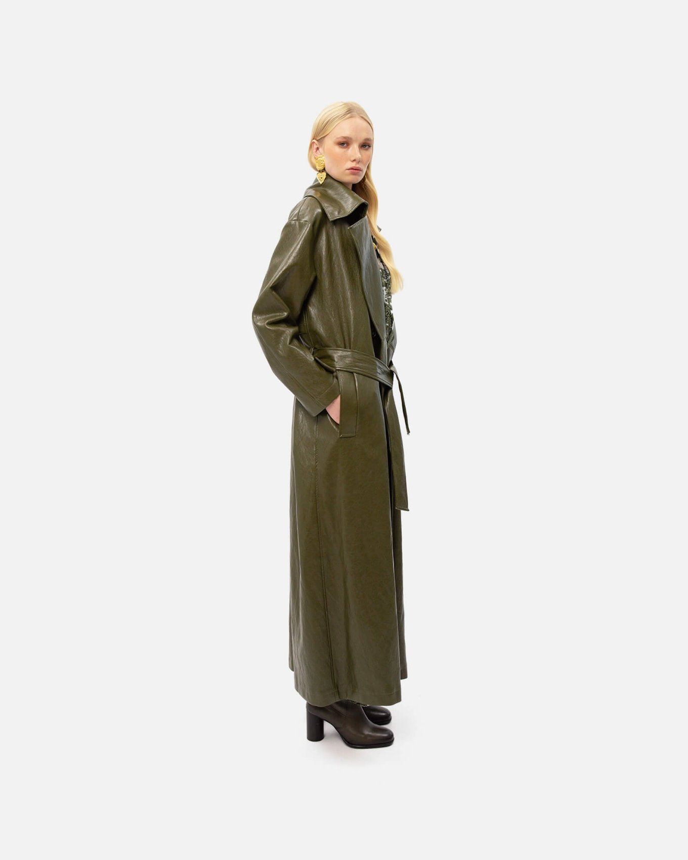 Picture of KHAKI FAUX LEATHER TRENCH COAT