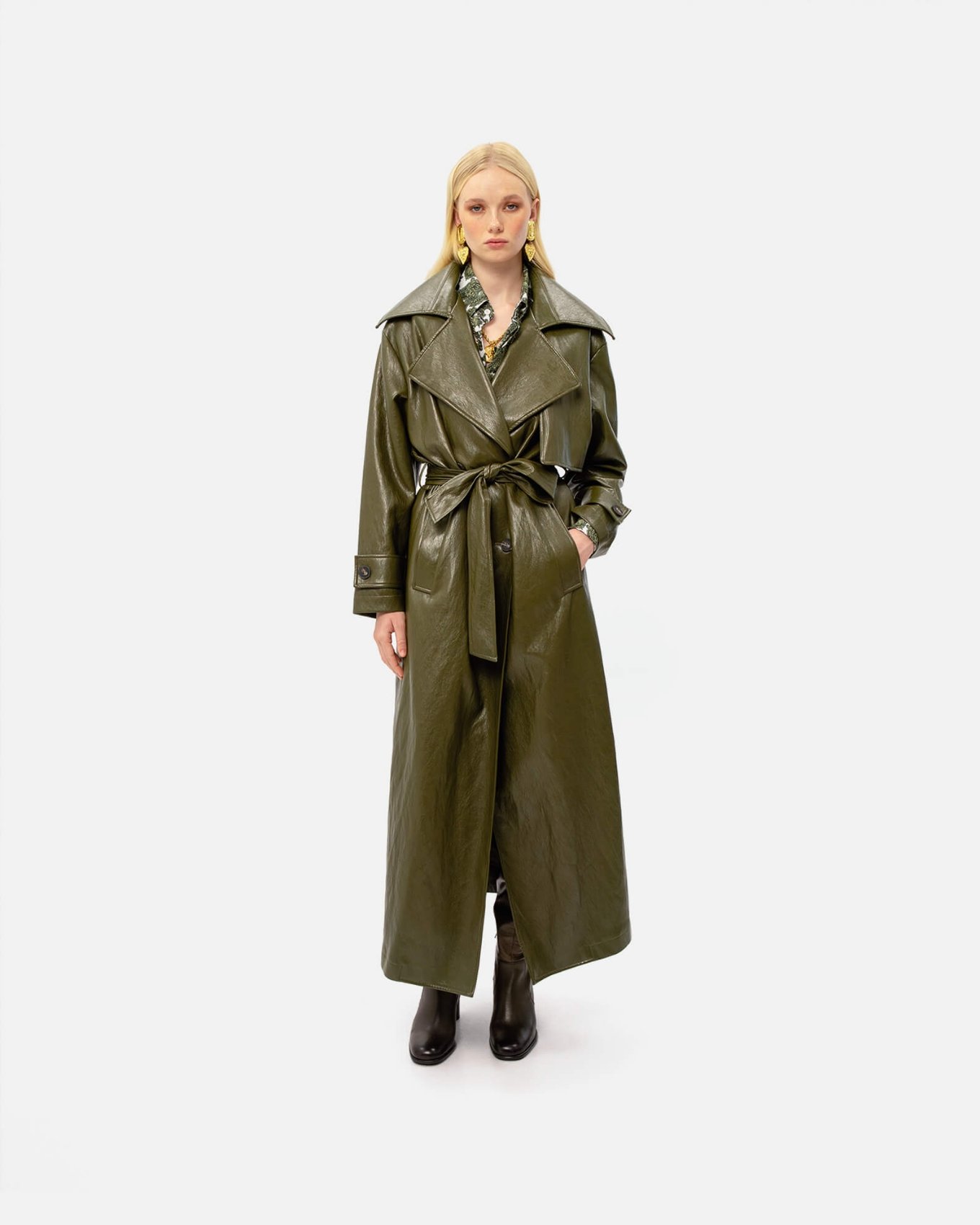 Picture of KHAKI FAUX LEATHER TRENCH COAT