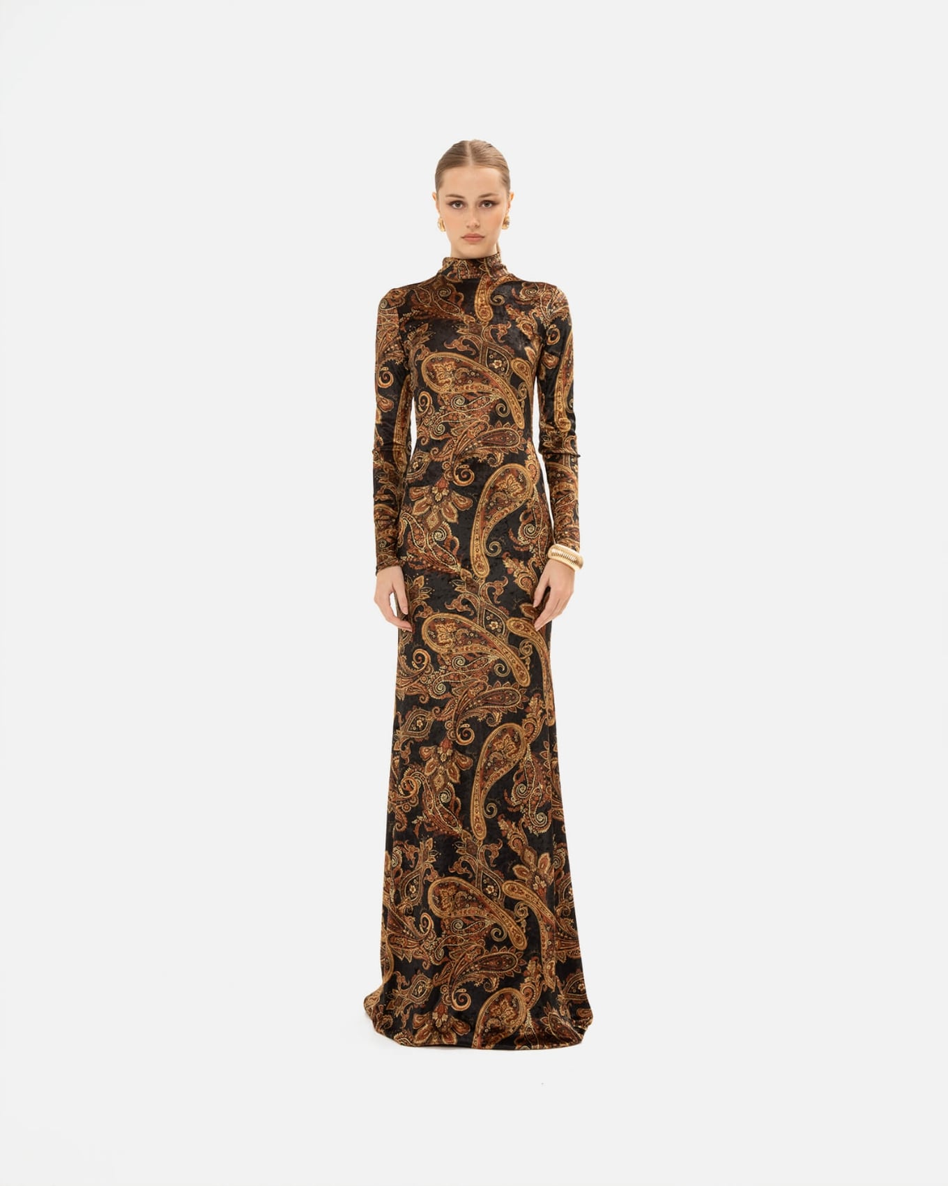 Picture of GOLDEN-BROWN PAISLEY HIGH-NECK DRESS