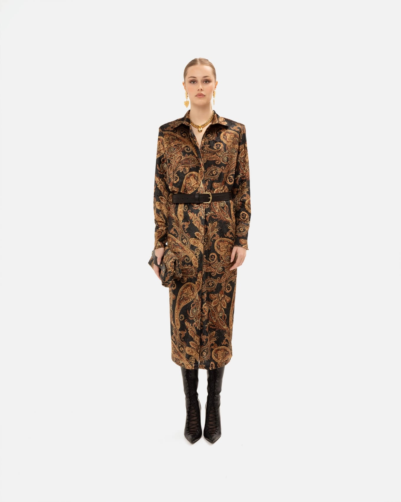 Picture of VELVET GOLDEN-BROWN PAISLEY DRESS