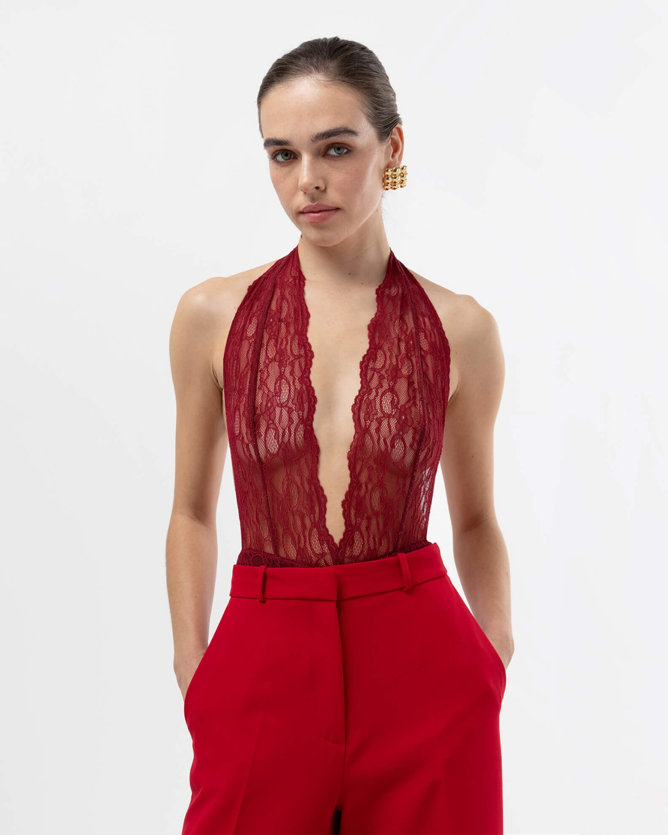Picture of HALTER-NECK LACE BURGUNDY BODYSUIT
