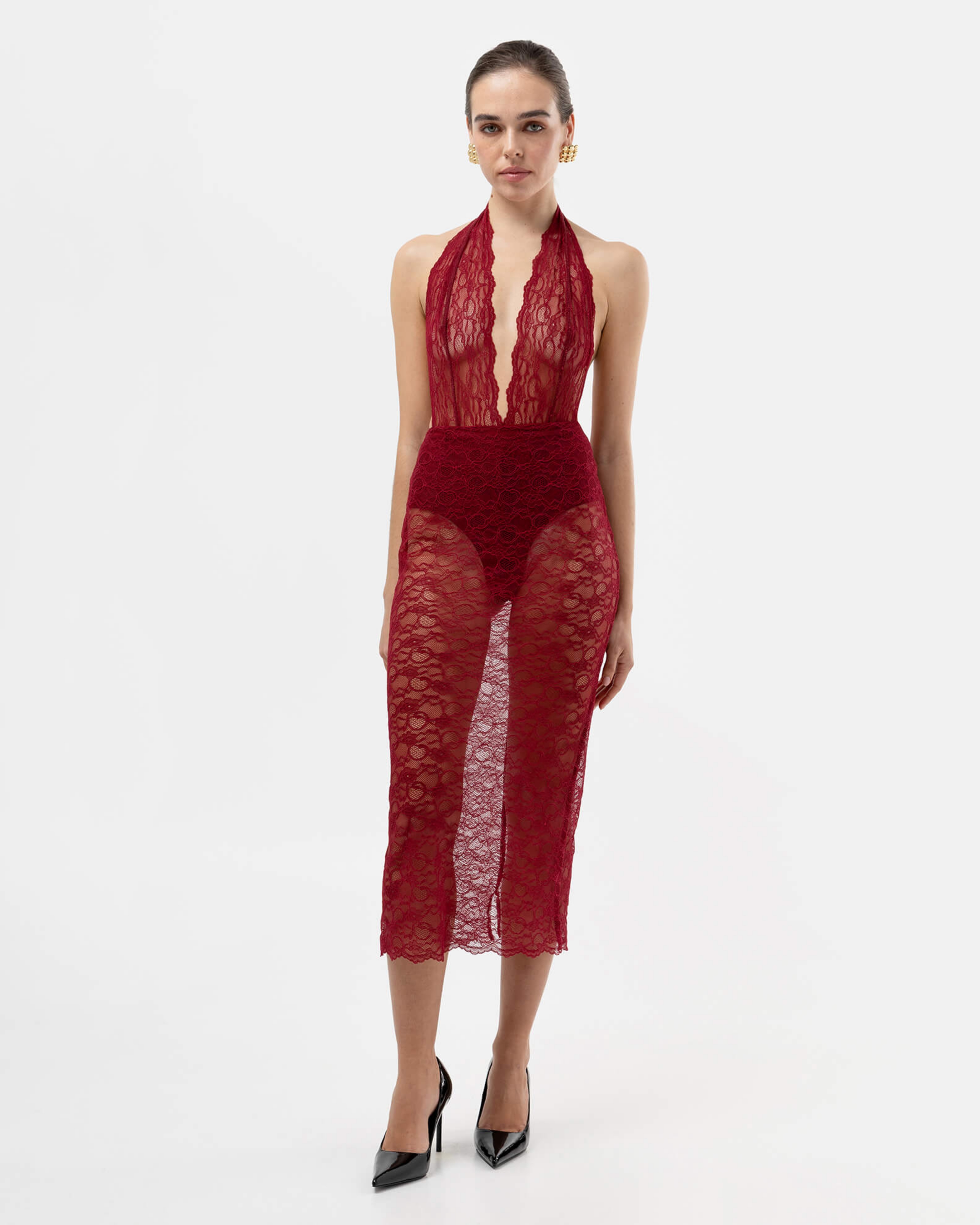 Picture of HALTER-NECK LACE BURGUNDY BODYSUIT