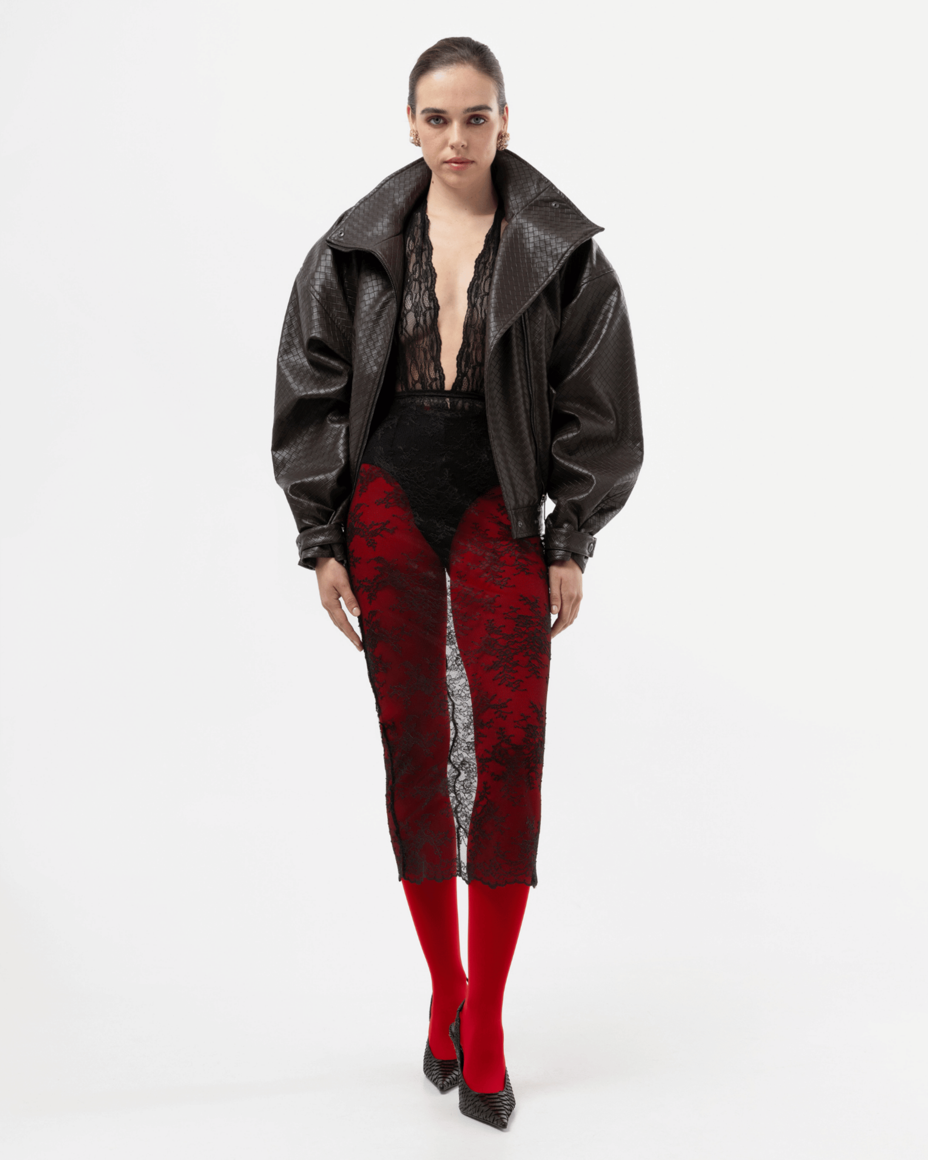 Picture of BROWN PANAMA WEAVE FAUX LEATHER JACKET