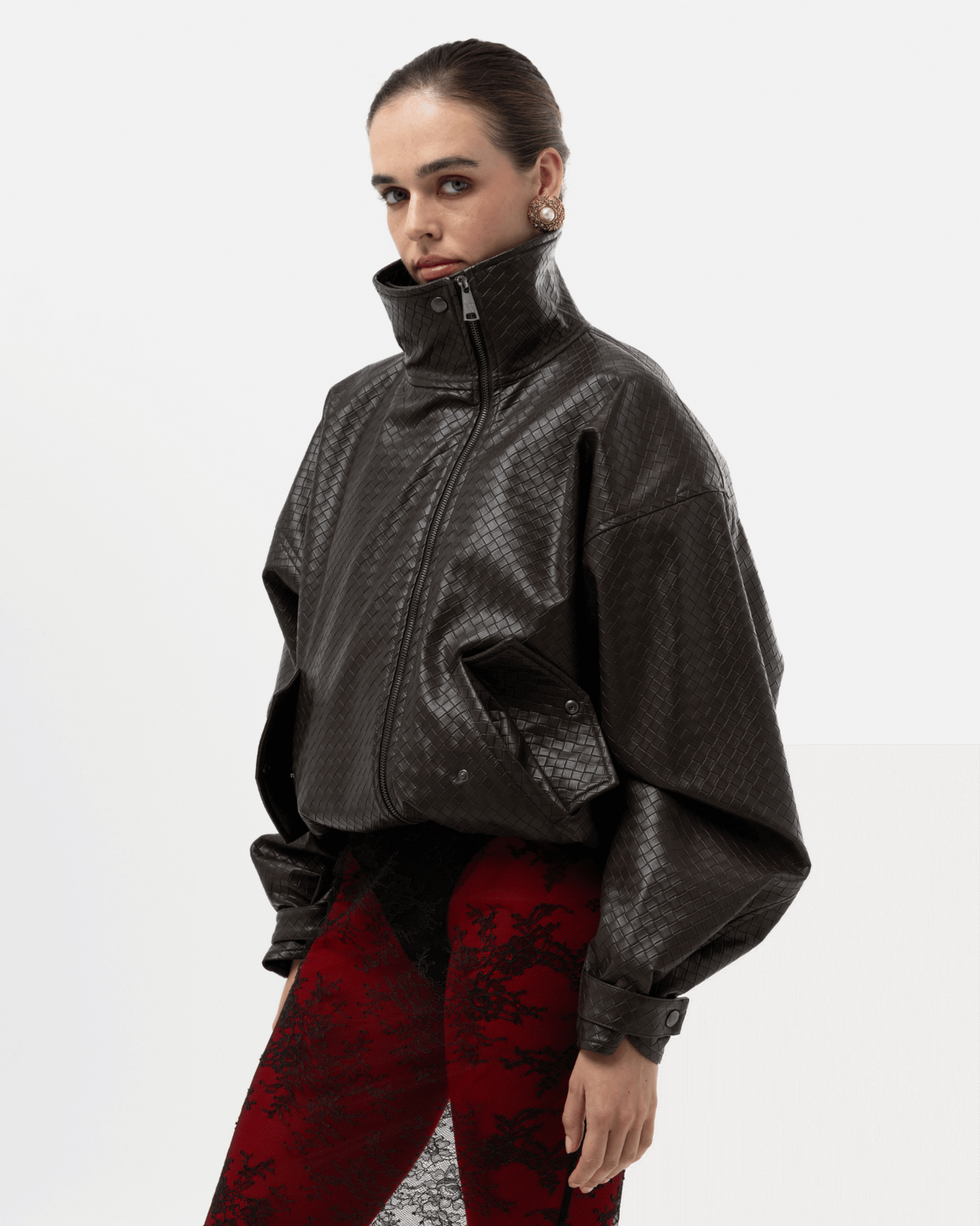 Picture of BROWN PANAMA WEAVE FAUX LEATHER JACKET