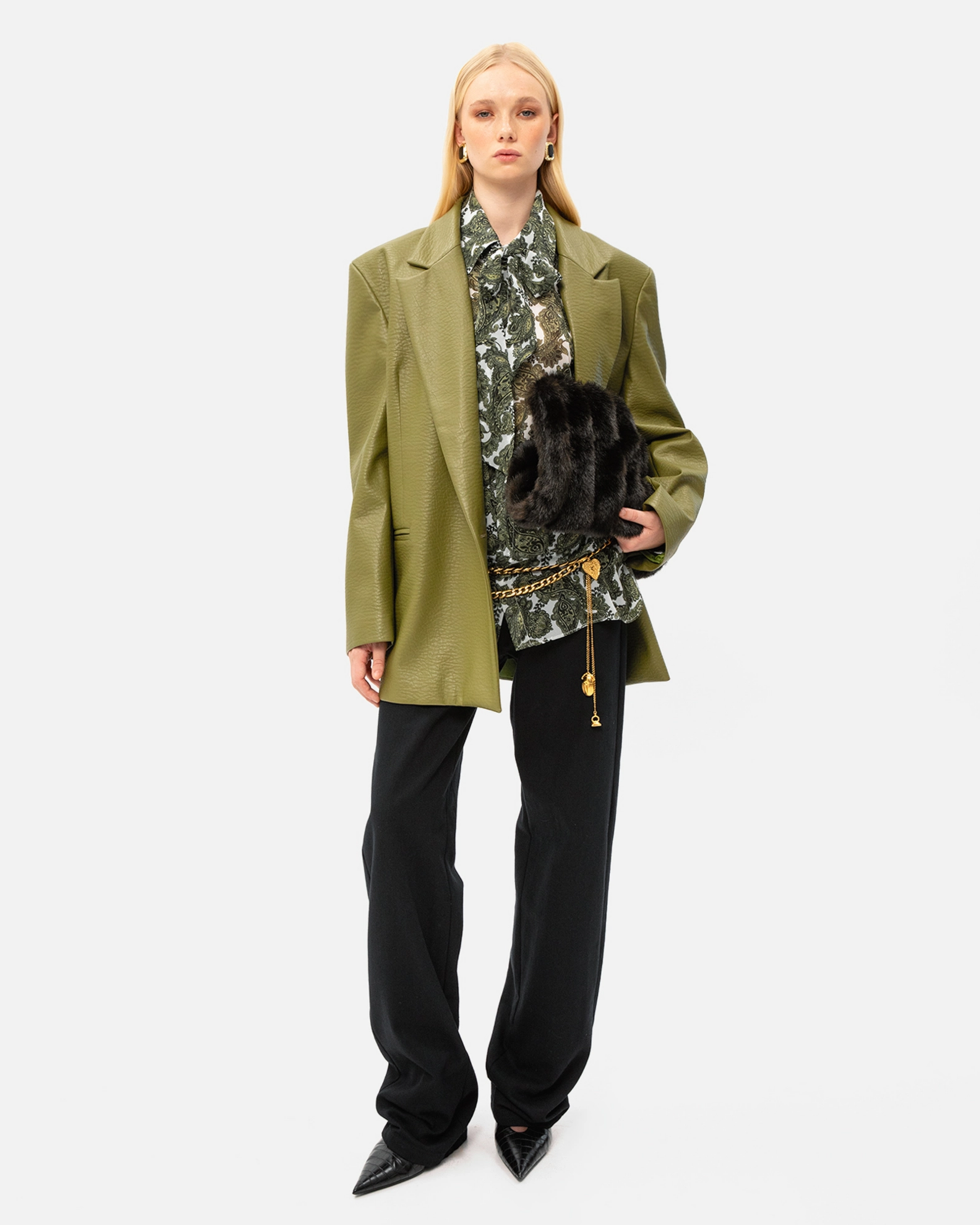 Picture of OLIVE FAUX LEATHER BLAZER