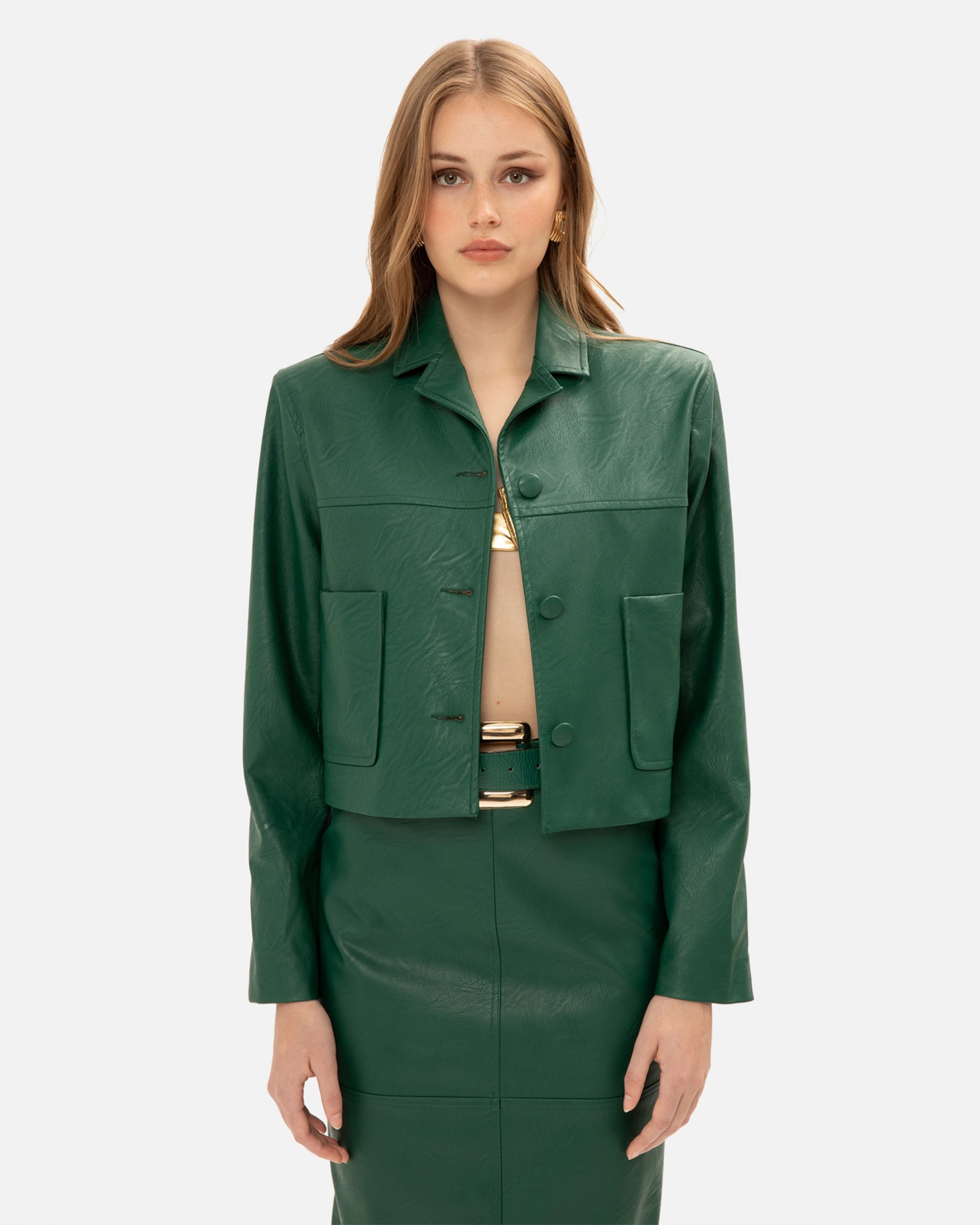 Picture of ALPINE GREEN FAUX LEATHER CROP JACKET
