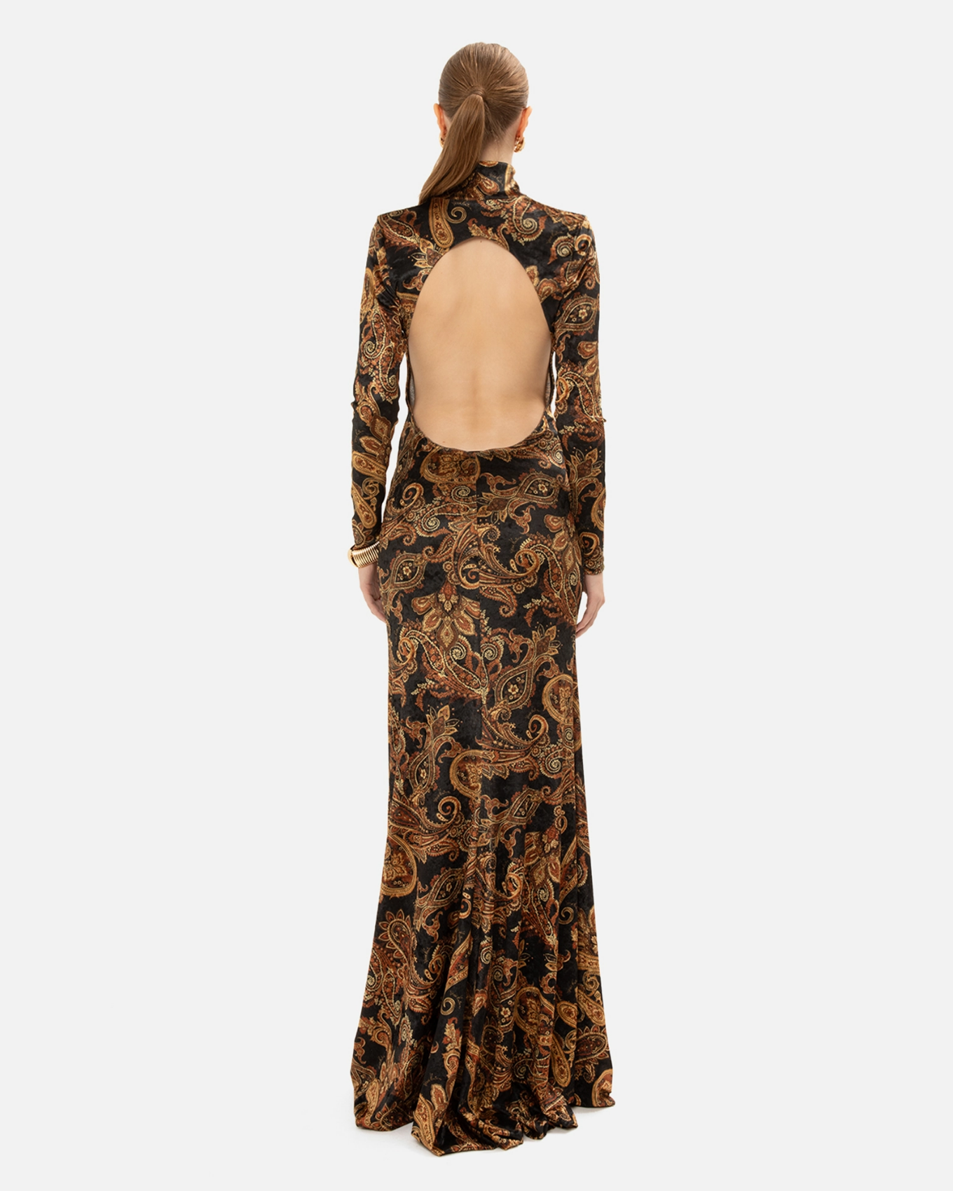 Picture of GOLDEN-BROWN PAISLEY HIGH-NECK DRESS
