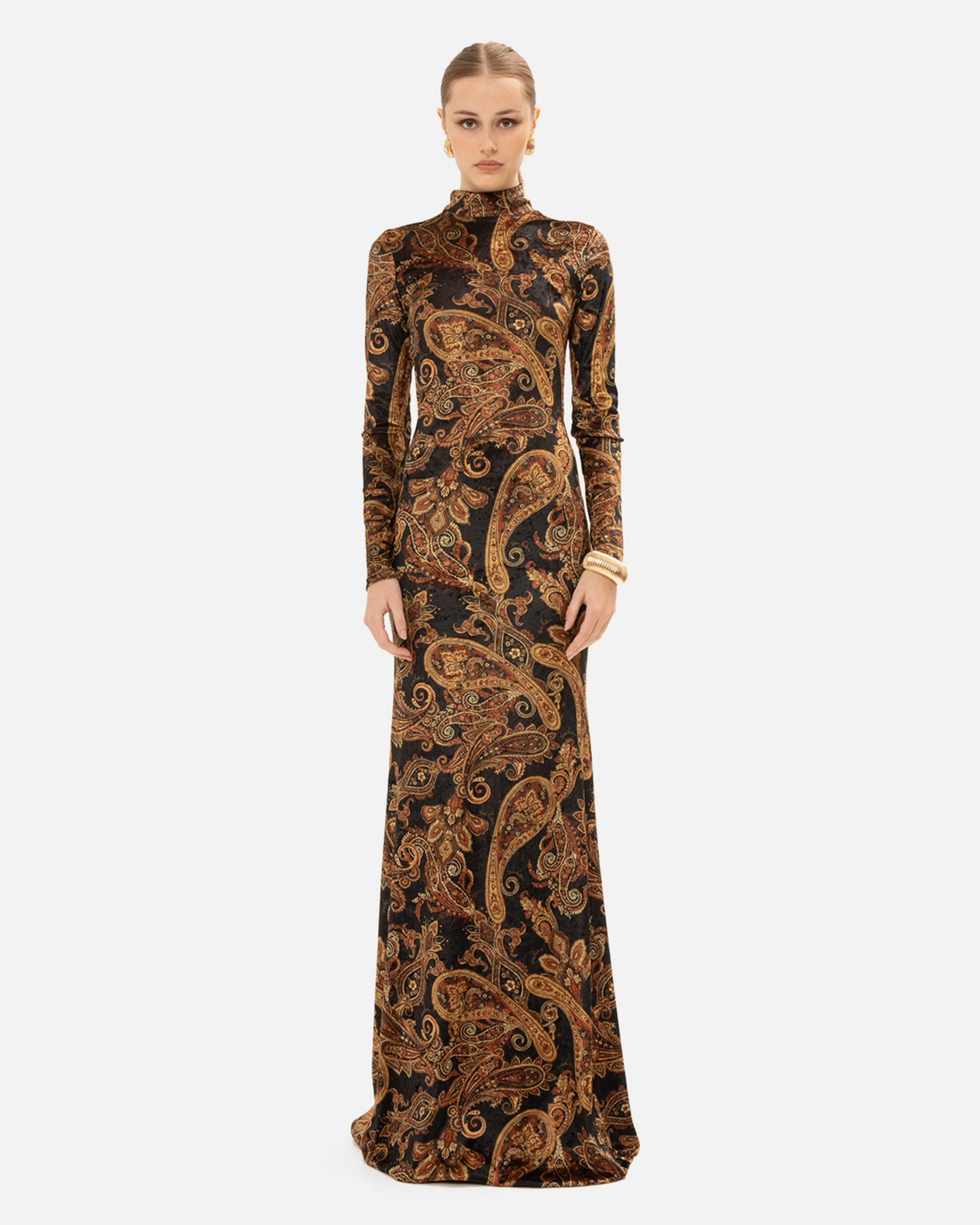 Picture of GOLDEN-BROWN PAISLEY HIGH-NECK DRESS
