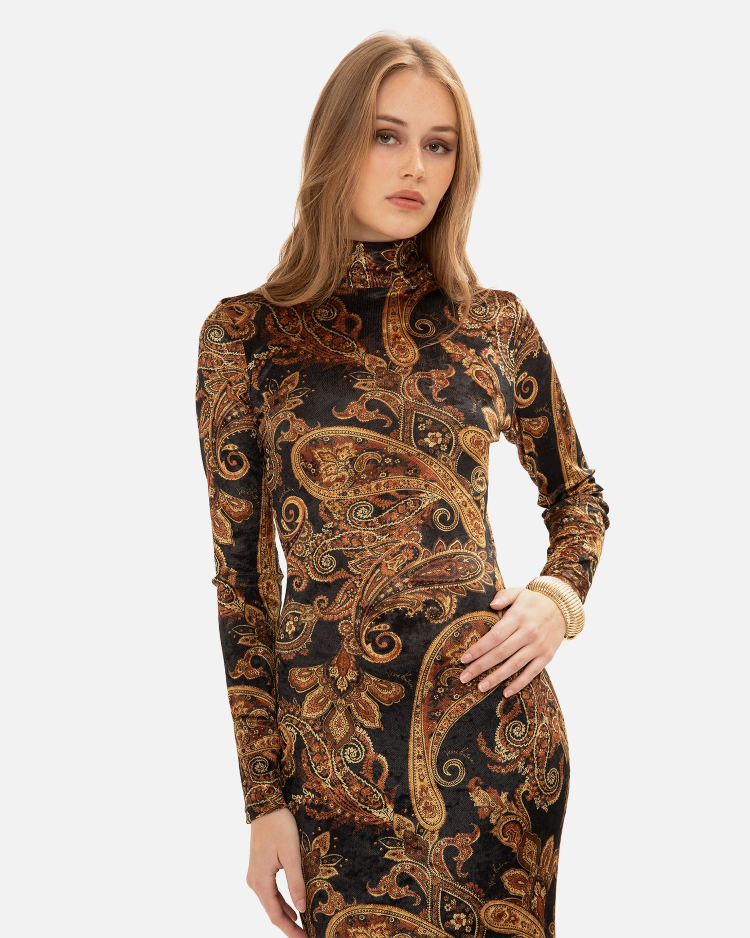 Picture of GOLDEN-BROWN PAISLEY HIGH-NECK DRESS