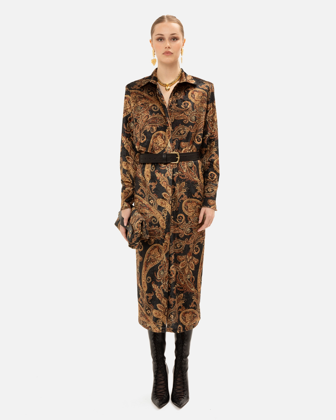 Picture of VELVET GOLDEN-BROWN PAISLEY DRESS