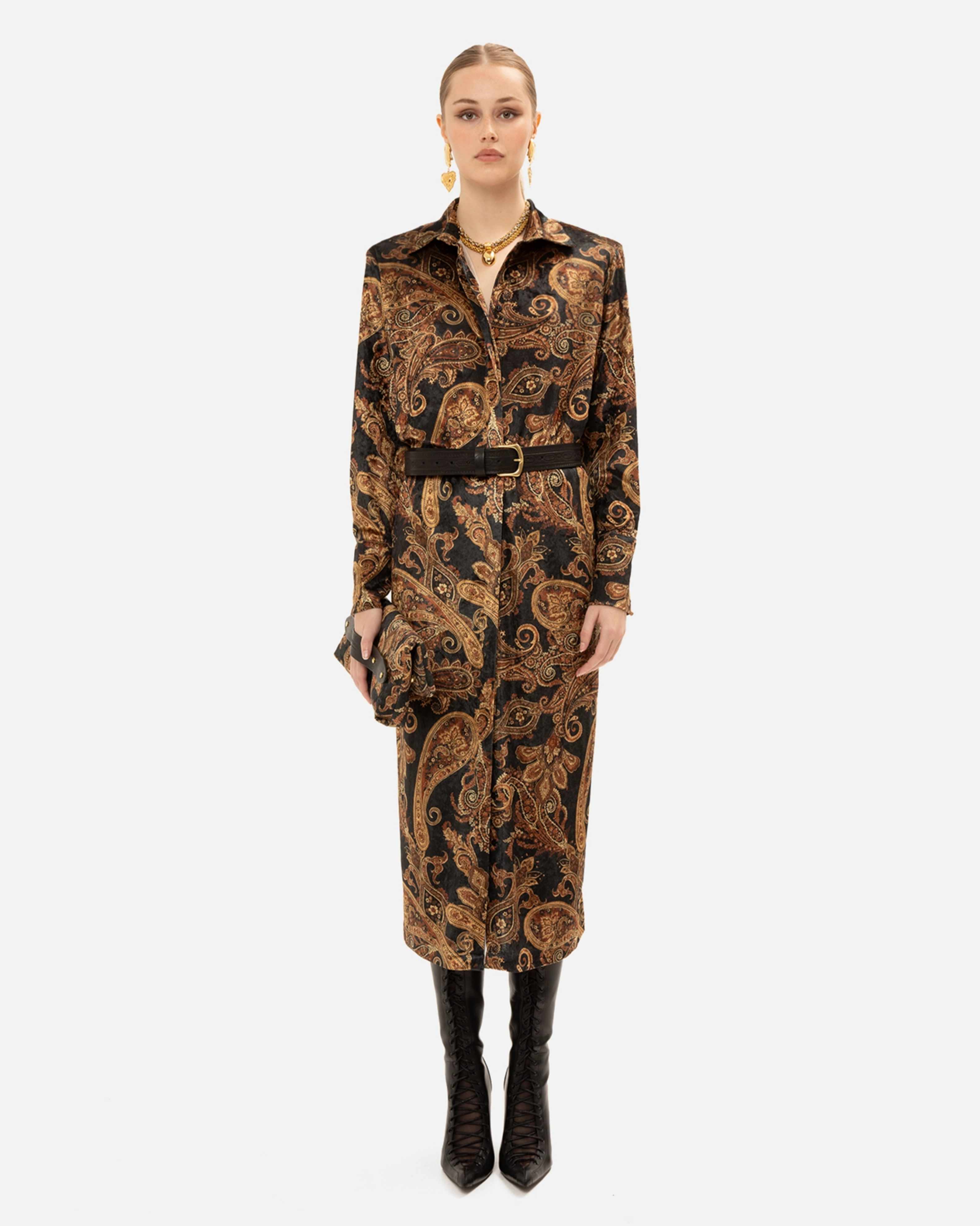 Picture of VELVET GOLDEN-BROWN PAISLEY DRESS