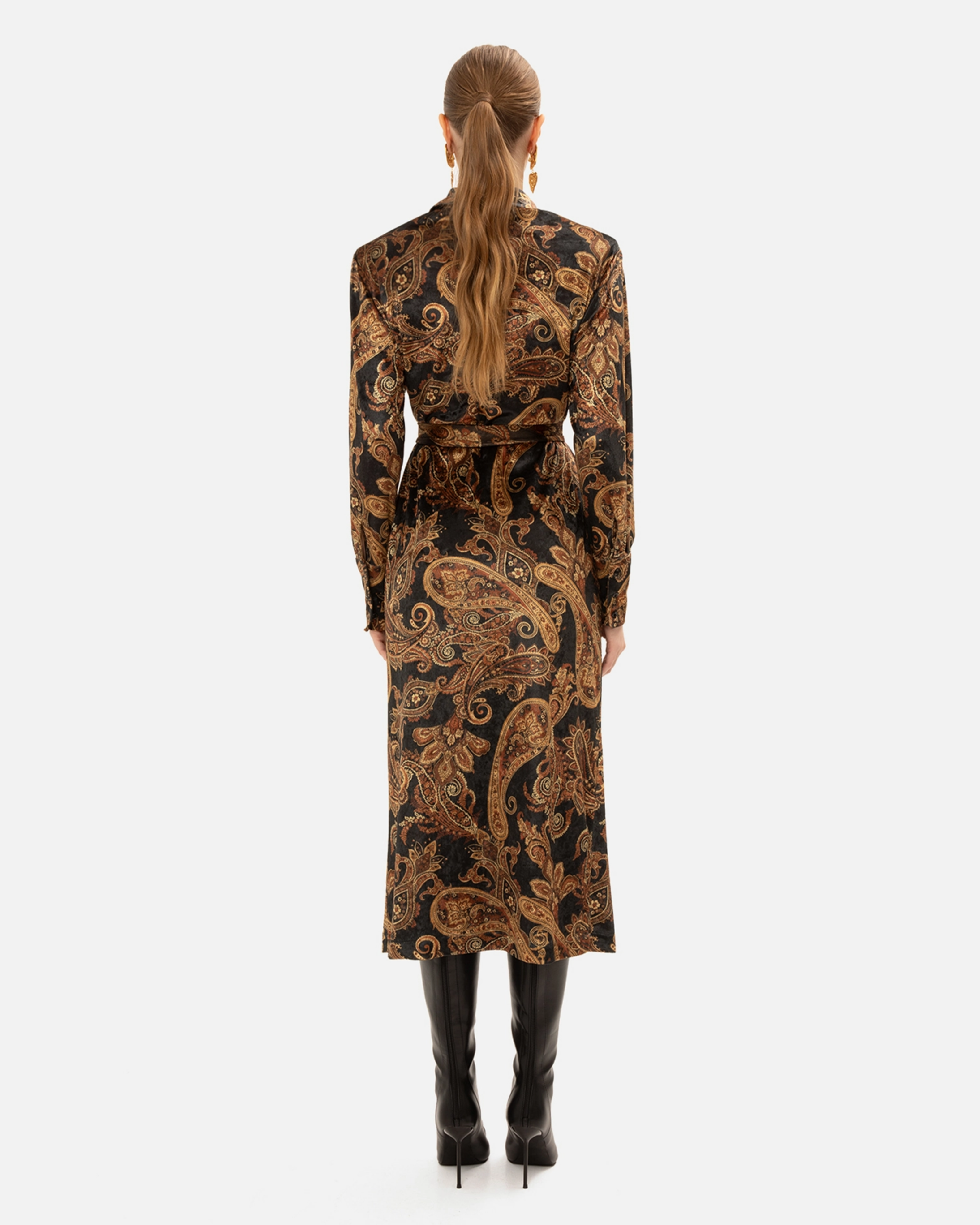 Picture of VELVET GOLDEN-BROWN PAISLEY DRESS
