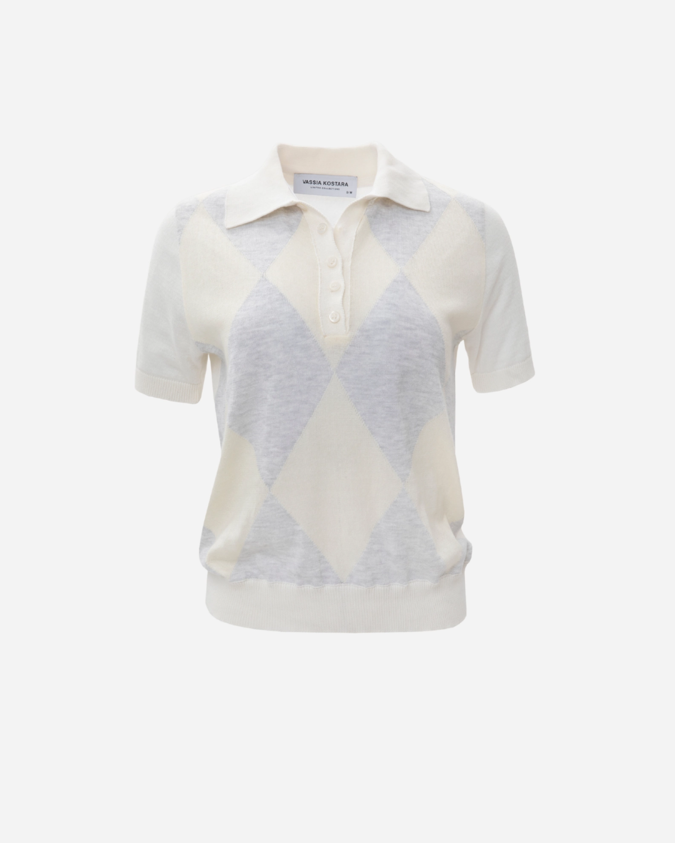 Picture of Ecru Polo Knitted T-Shirt with Rhombus Pattern