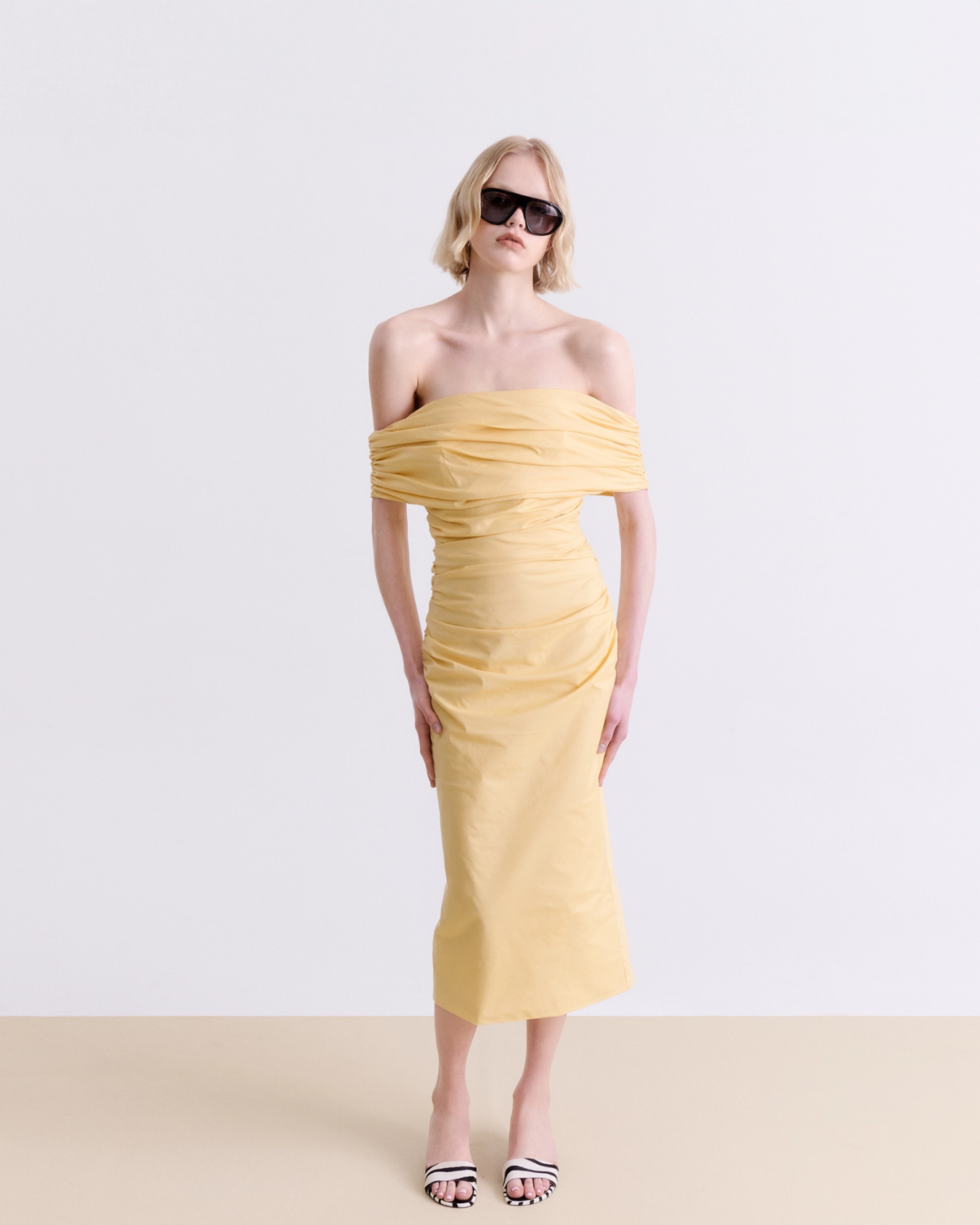 Picture of BUTTER YELLOW DRAPED MIDI DRESS