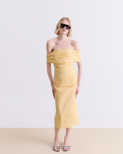 Picture of BUTTER YELLOW DRAPED MIDI DRESS