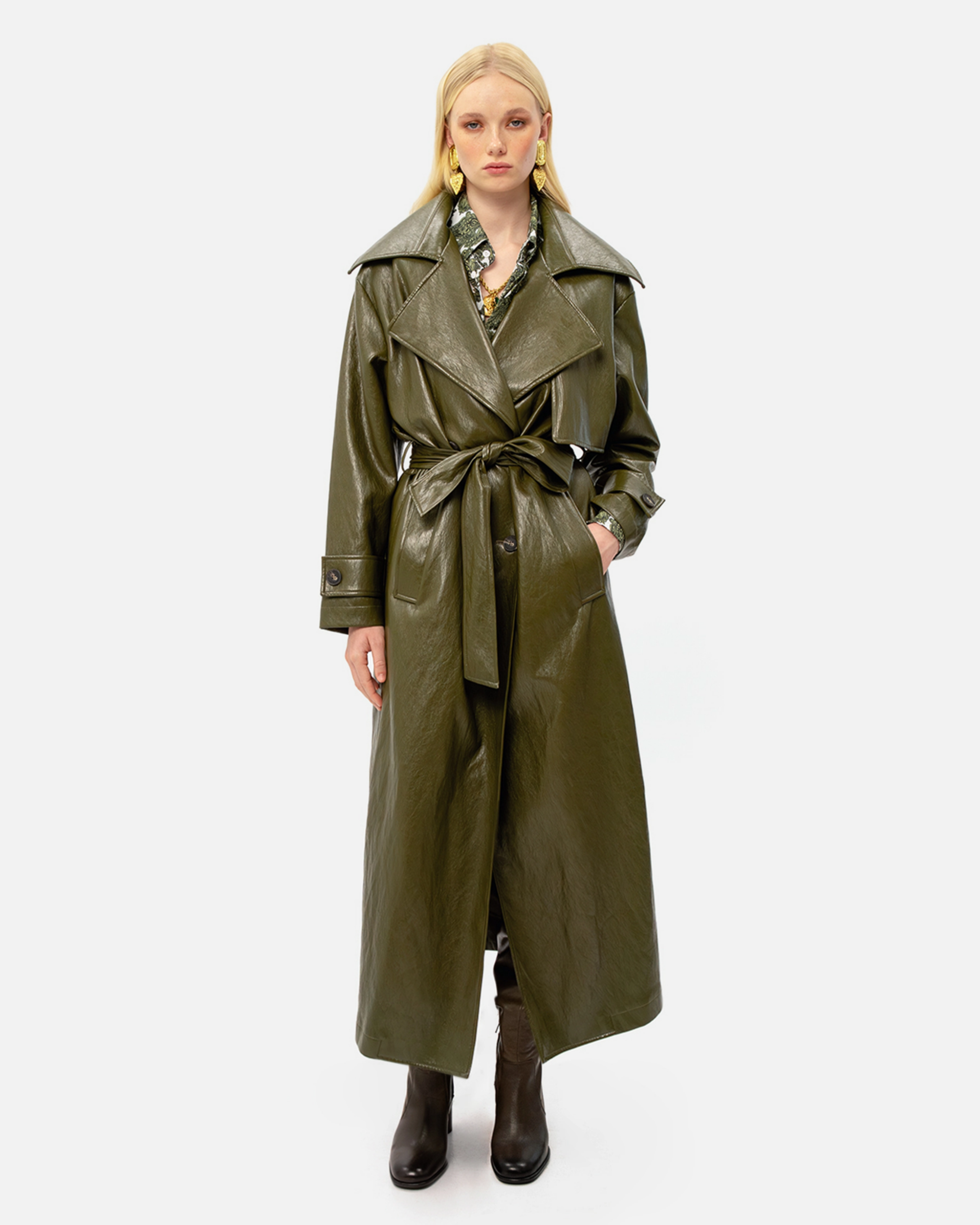 Picture of KHAKI FAUX LEATHER TRENCH COAT