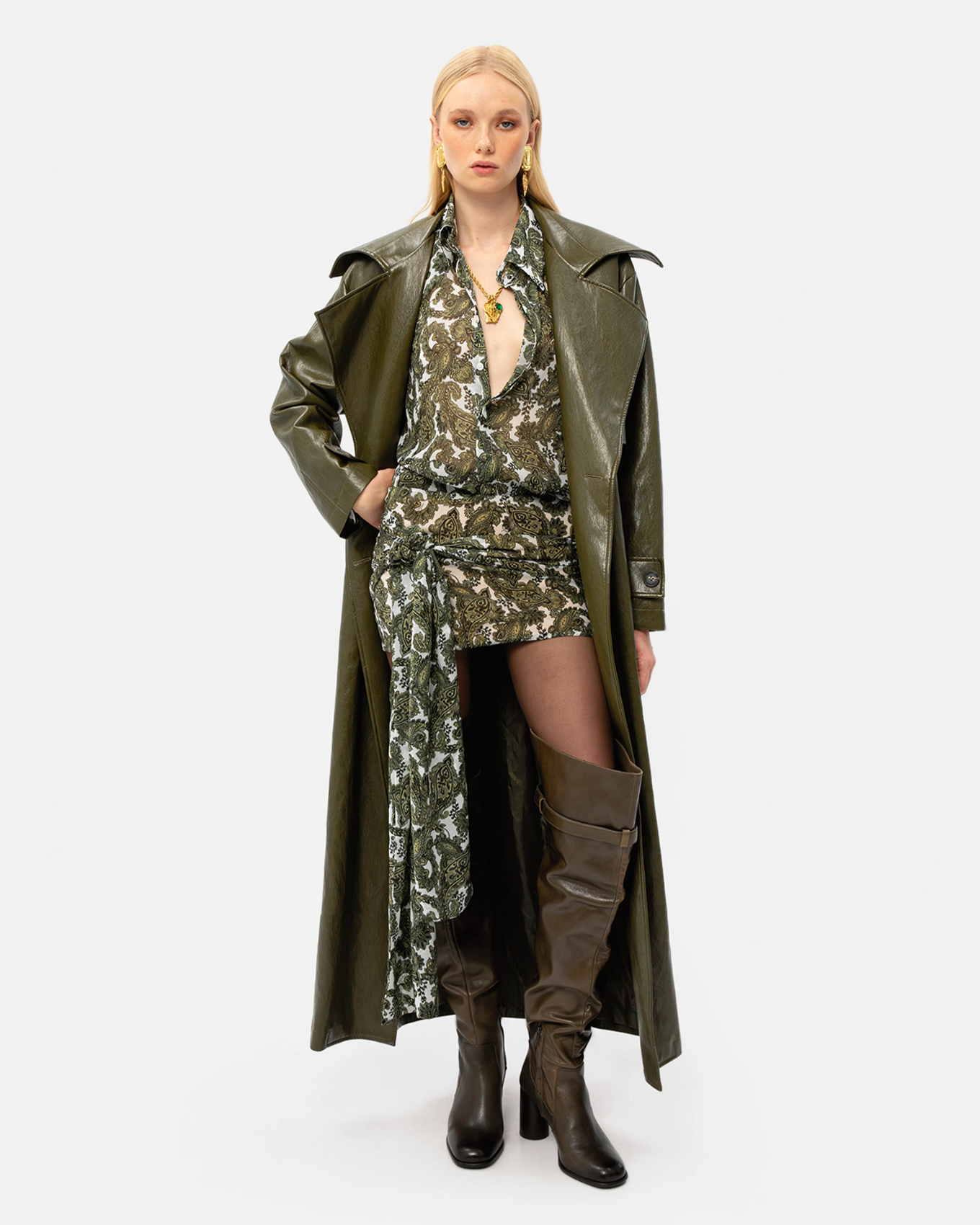 Picture of KHAKI FAUX LEATHER TRENCH COAT