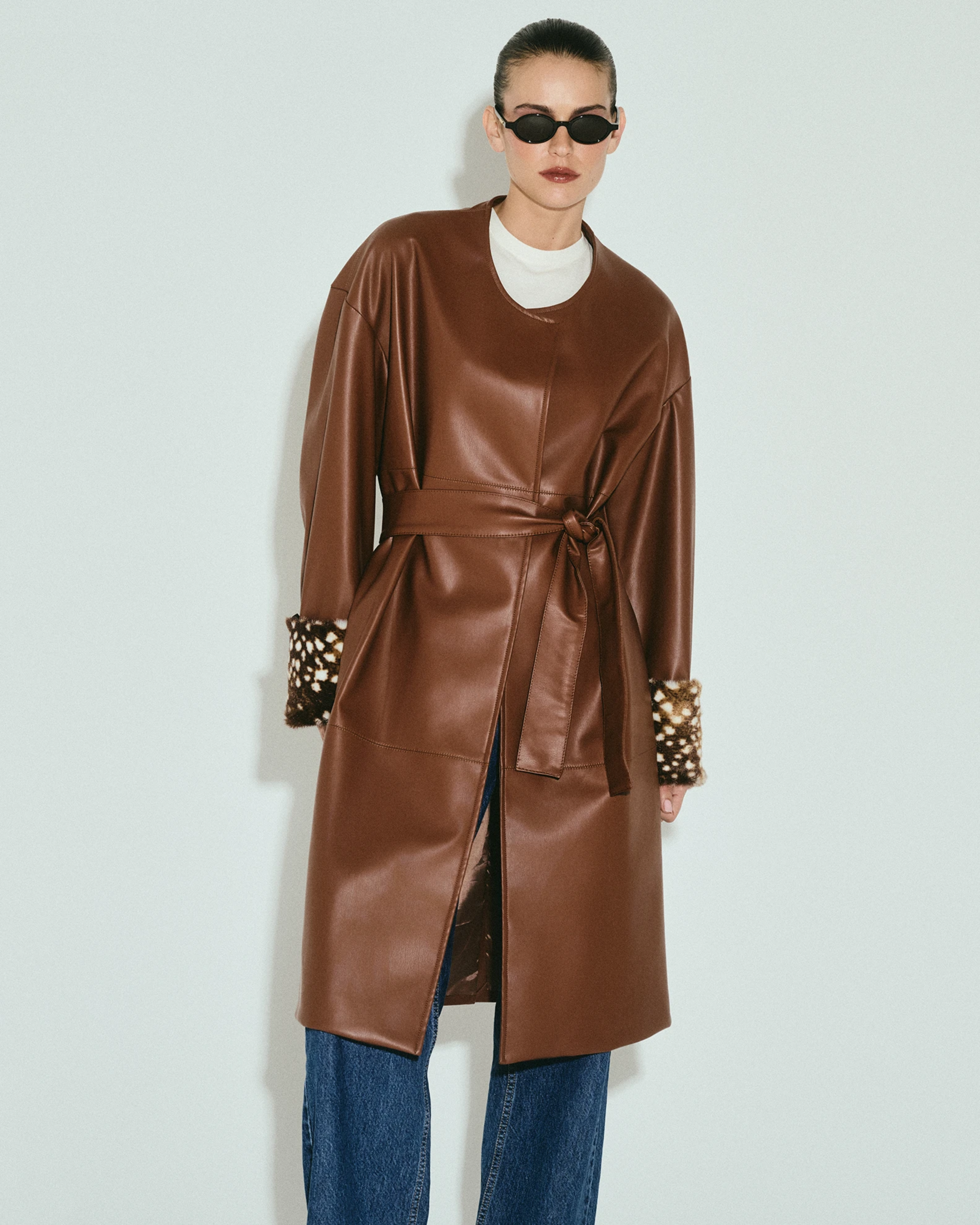 Picture of BROWN FAUX LEATHER MANTEAUX