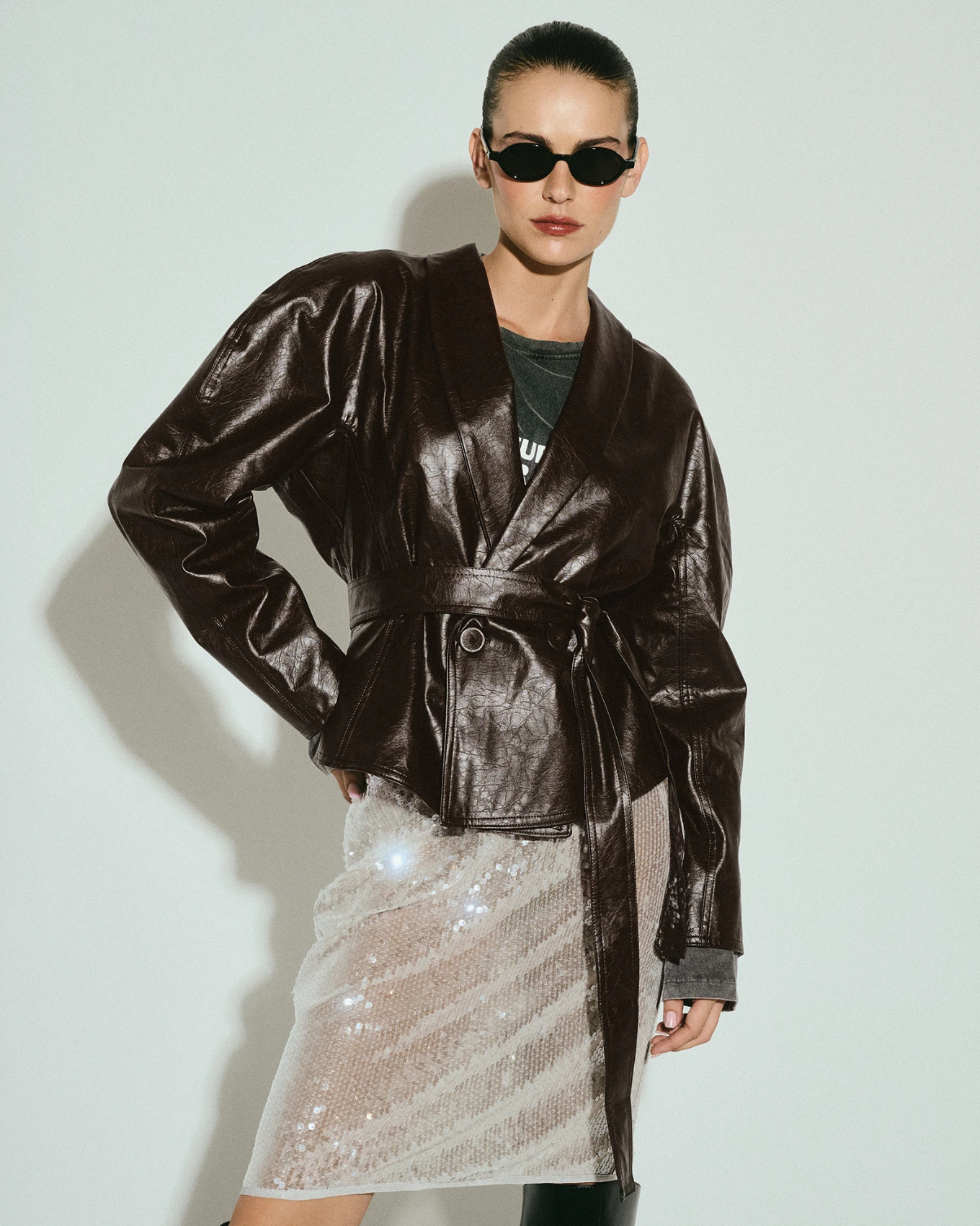 Picture of DARK CHOCOLATE FAUX LEATHER BLAZER
