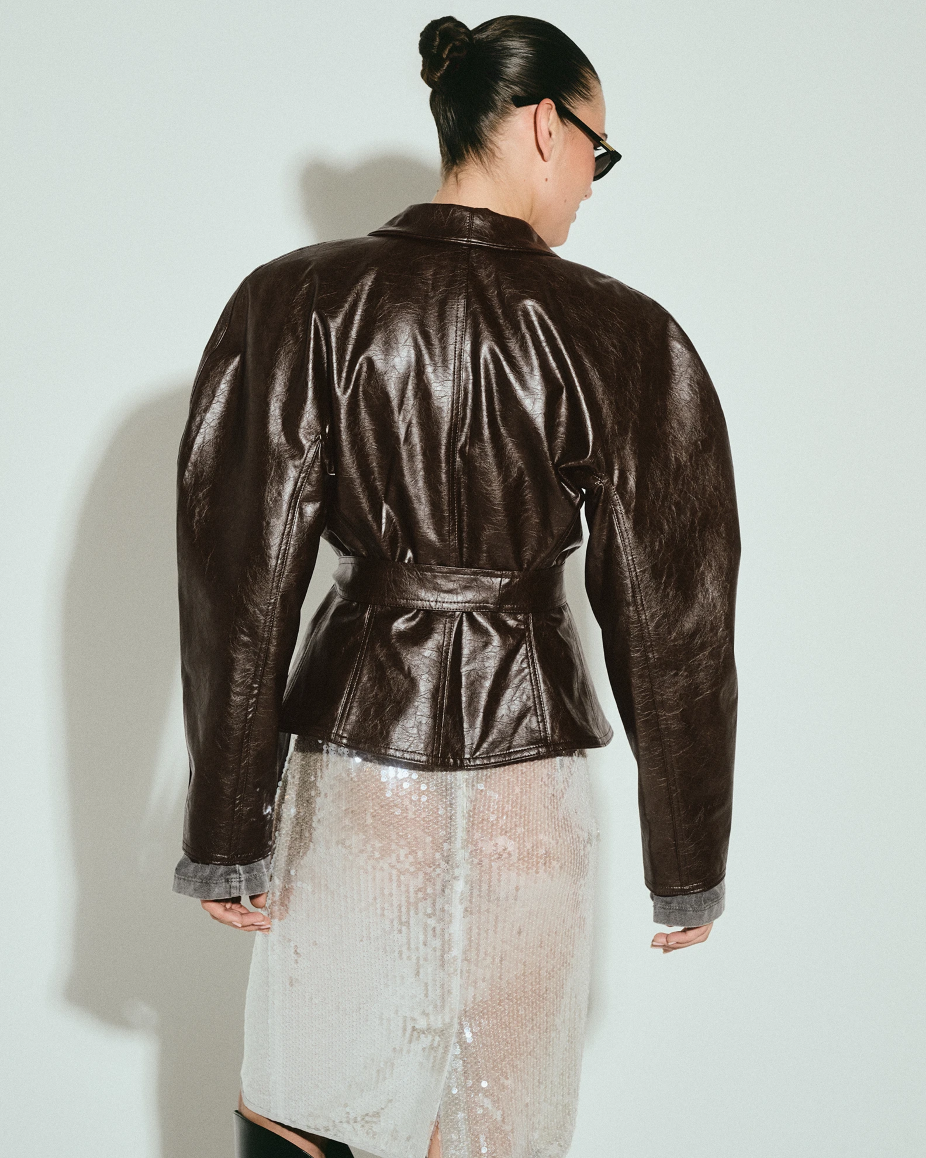 Picture of DARK CHOCOLATE FAUX LEATHER BLAZER