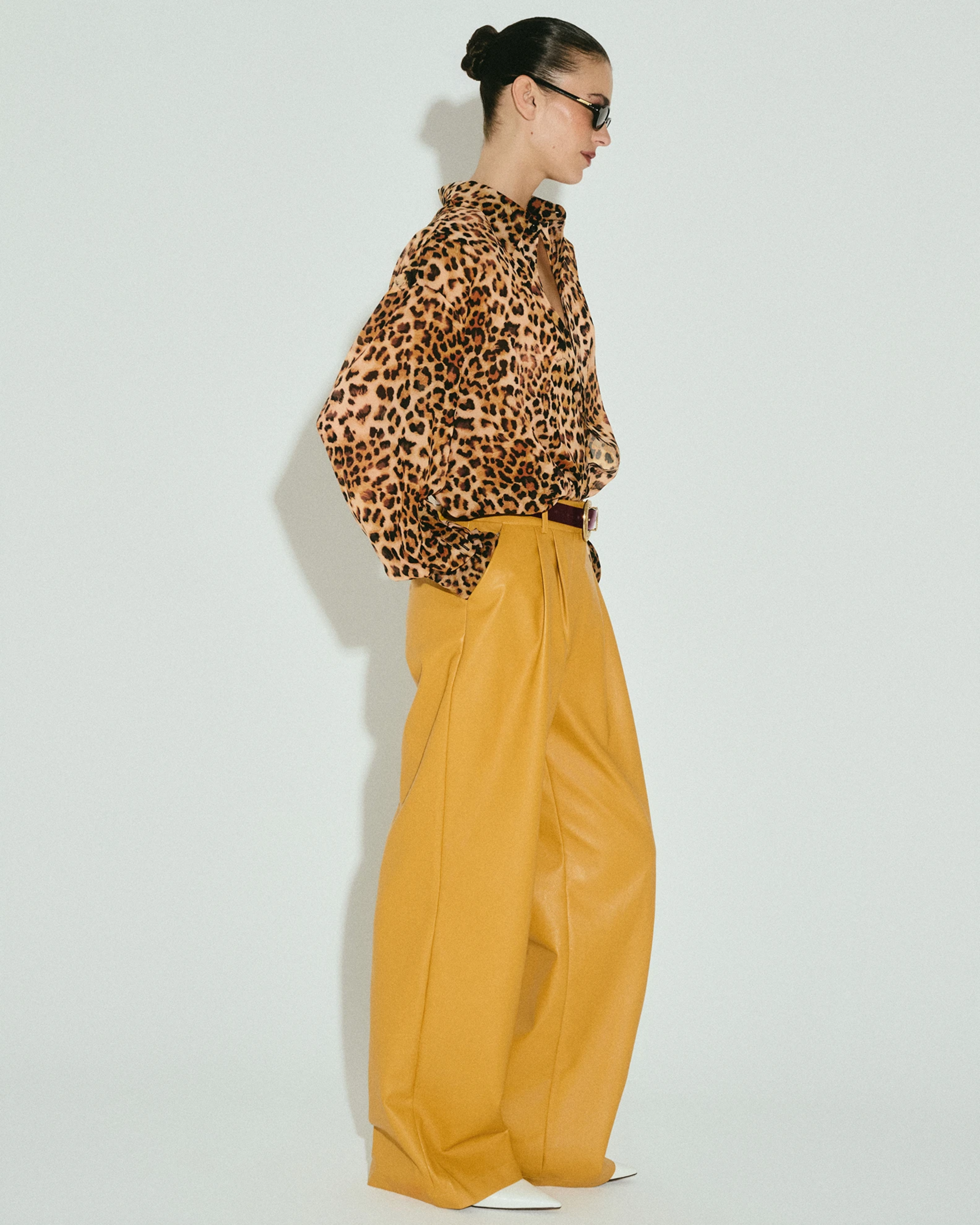 Picture of MUSTARD FAUX LEATHER WIDE-LEG PANTS