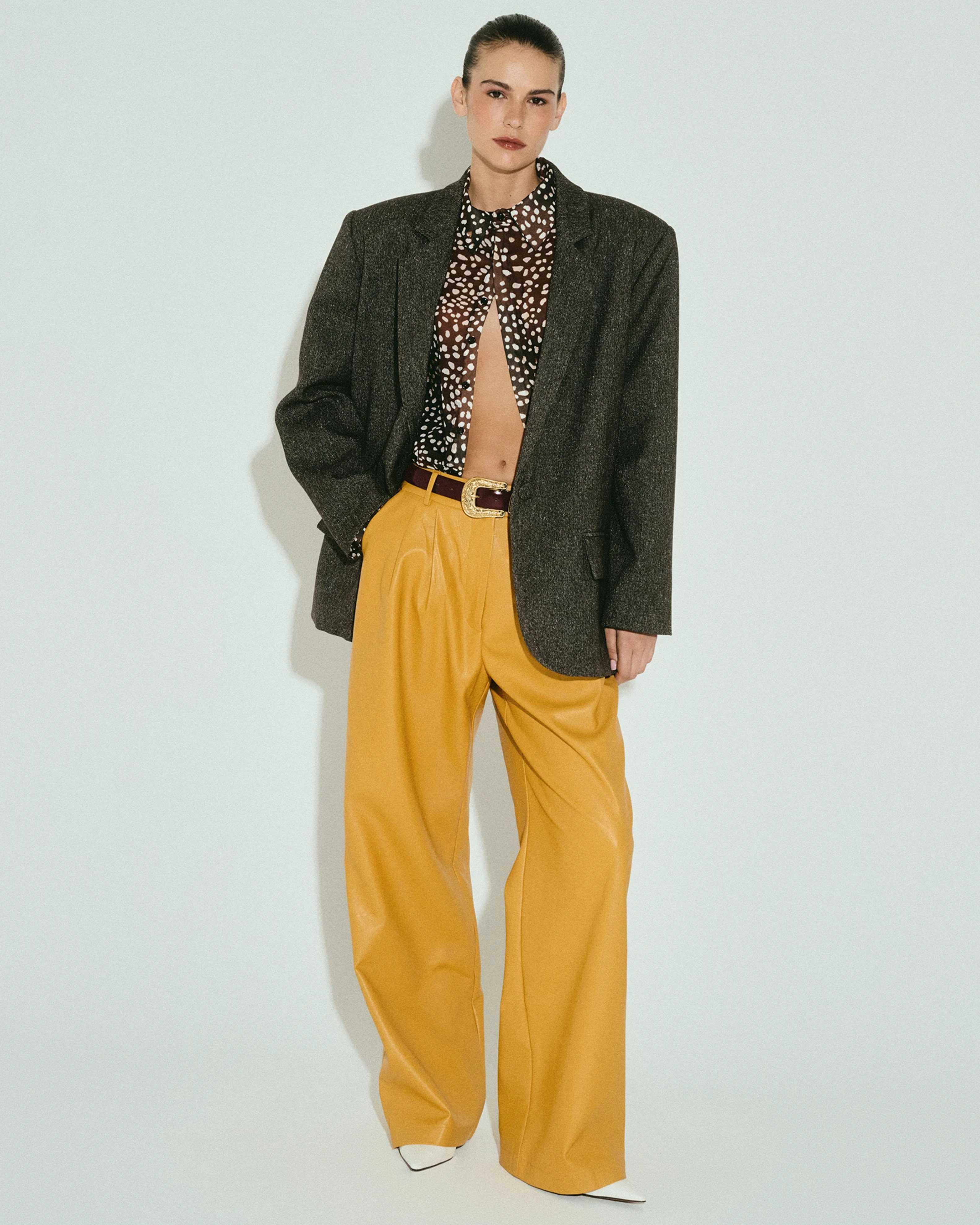 Picture of MUSTARD FAUX LEATHER WIDE-LEG PANTS