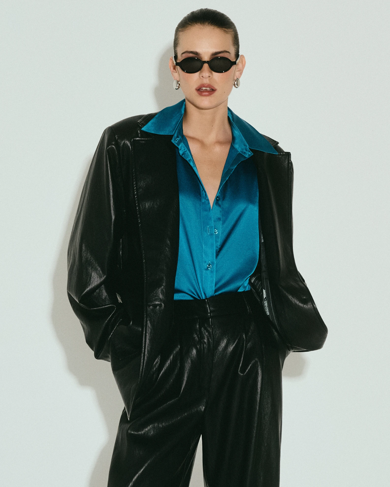 Picture of BELTED FAUX LEATHER BLAZER